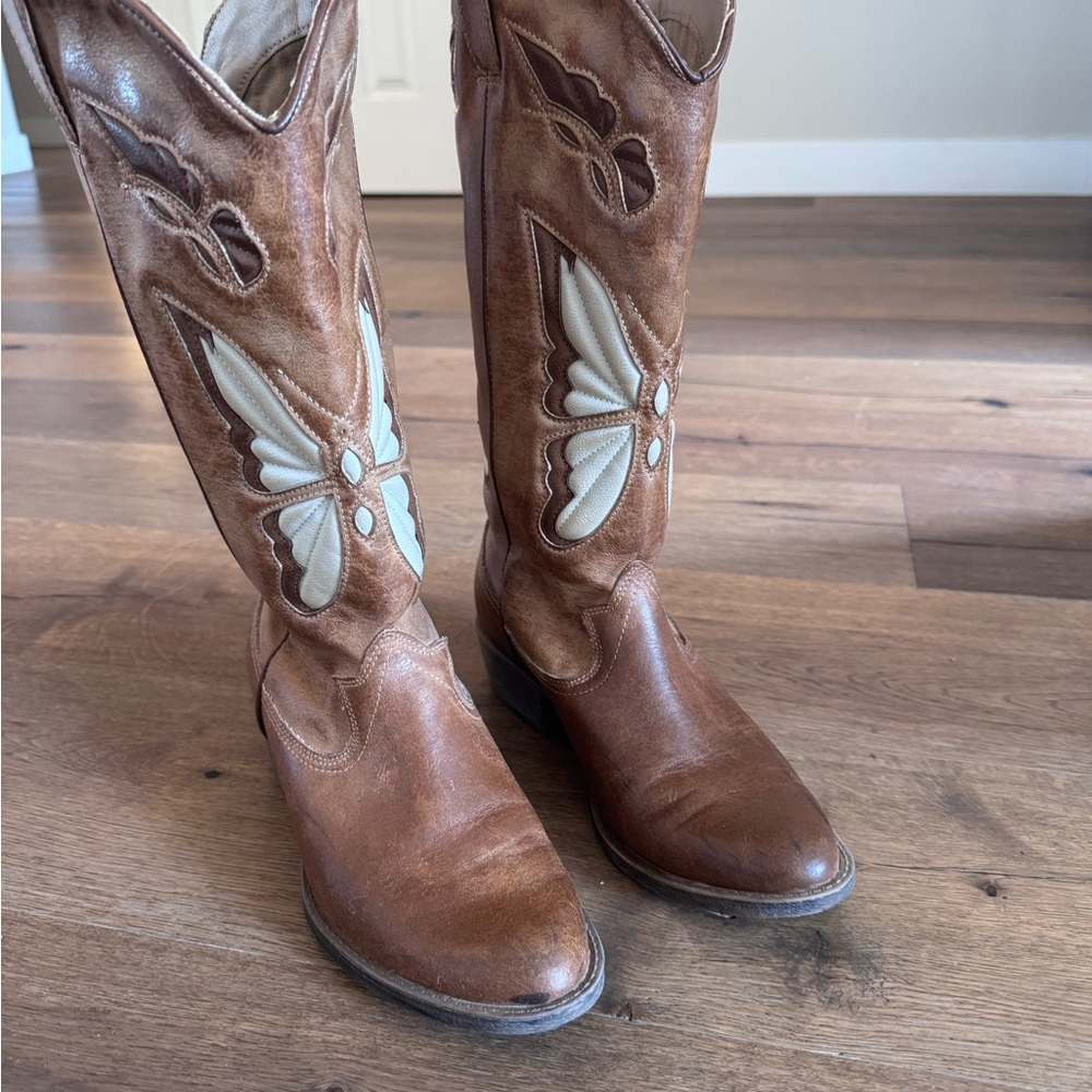 Altar’d State Brown Western Cowboy Boots with Butterfly Design